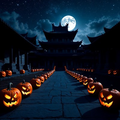 Halloween Pumpkins Leading to Chinese Temple