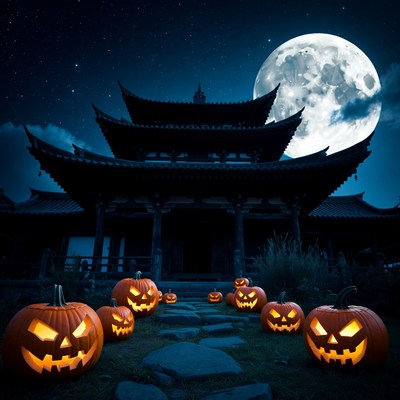 Halloween Pumpkins Leading to Pagoda