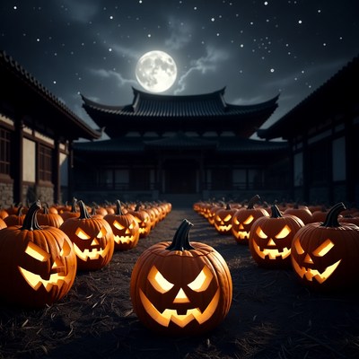 Jack-o'-lanterns Lined Before Japanese Temple