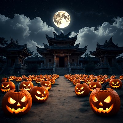 Halloween Pumpkins Leading to Chinese Temple