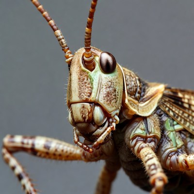 Close-up grasshopper on gray background