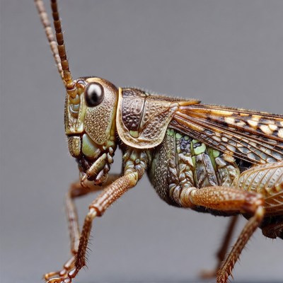 Closeup of grasshopper on gray background