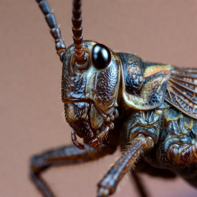 Closeup of grasshopper on brown background