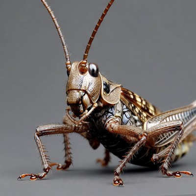 Closeup of grasshopper on gray background