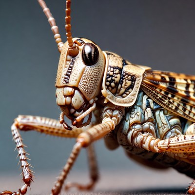 Closeup of grasshopper on gray background