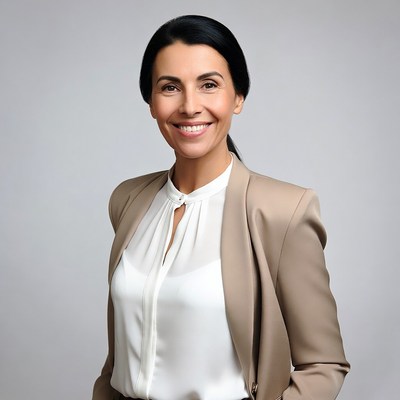 Smiling woman in beige blazer