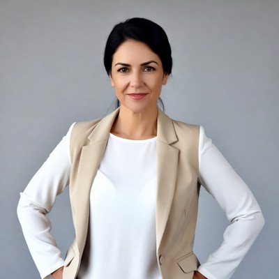 Woman in beige blazer with hands on hips