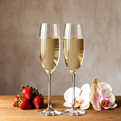 Two Champagne Glasses with Strawberries and Orchids