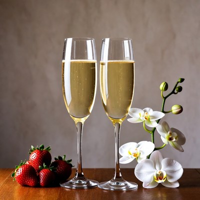 Two Champagne Glasses with Strawberries and Orchids