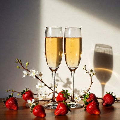 Two Champagne Glasses with Strawberries