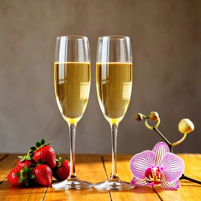 Two Champagne Glasses with Strawberries and Orchid