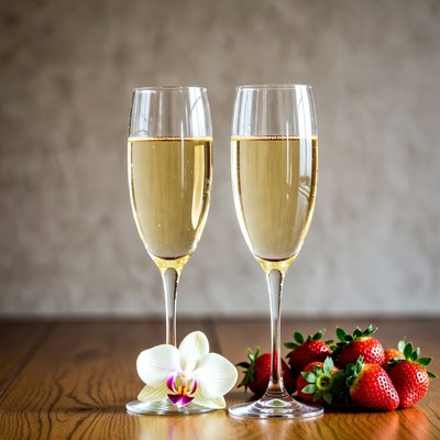 Champagne Glasses with Strawberries and Orchid