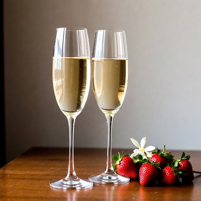 Two Champagne Glasses with Strawberries