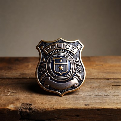 Police Badge on Wooden Surface