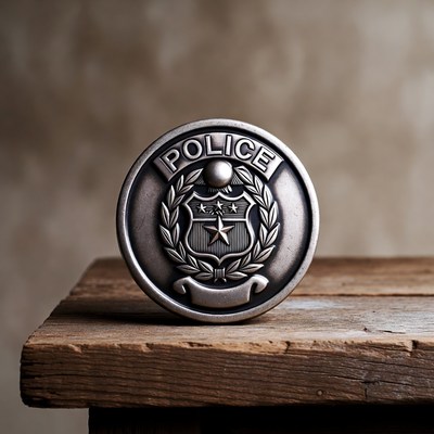Police Badge on Wooden Surface