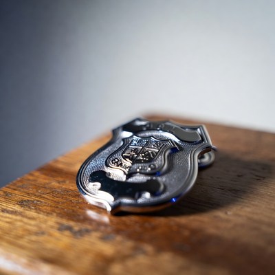 Shiny Police Badge on Wooden Table