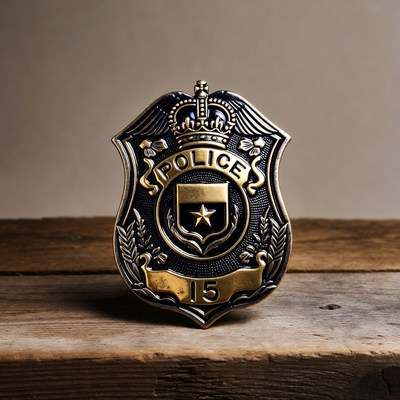 Gold Police Badge on Wooden Table