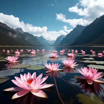 Pink Lotus Flowers in Mountain Lake