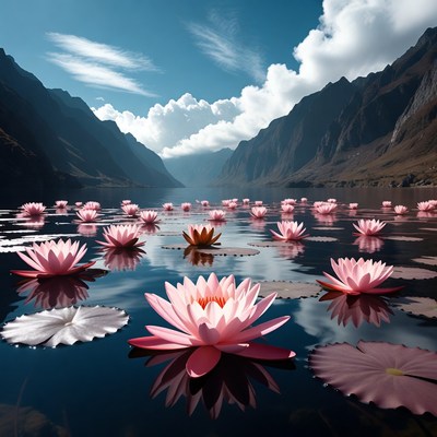 Pink Lotus Flowers in Mountain Lake