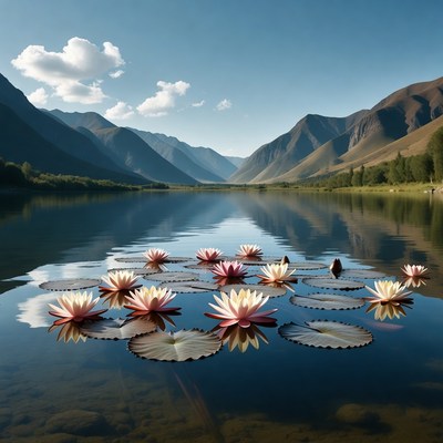 Pink Lotus Flowers on Mountain Lake