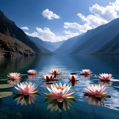 Pink Lotus Flowers in Mountain Lake