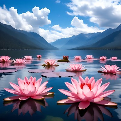 Pink Lotus Flowers on Mountain Lake