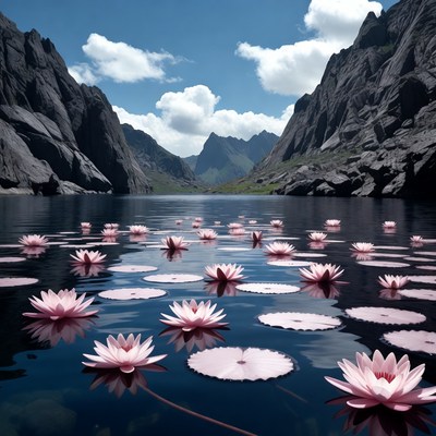 Pink Lotus Flowers on Mountain Lake