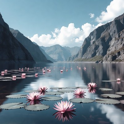 Pink Lotus Flowers in Mountain Lake