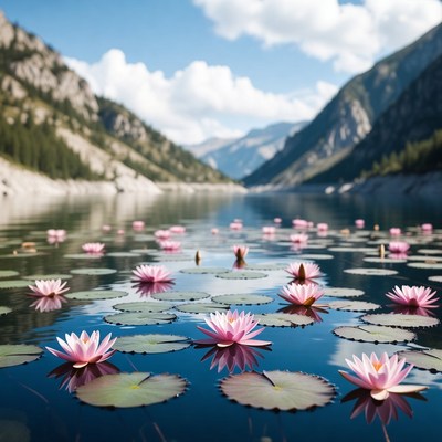 Pink Lotus Flowers in Mountain Lake