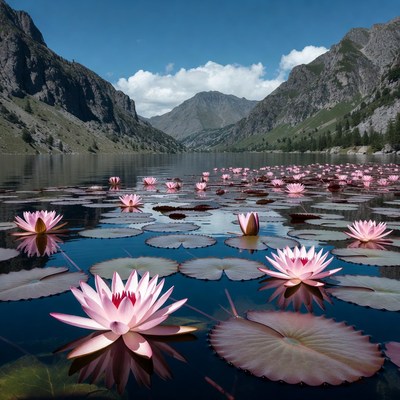 Pink Water Lilies in Mountain Lake