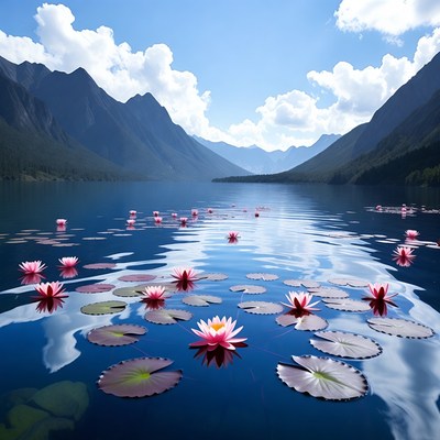 Pink Lotus Flowers on Mountain Lake