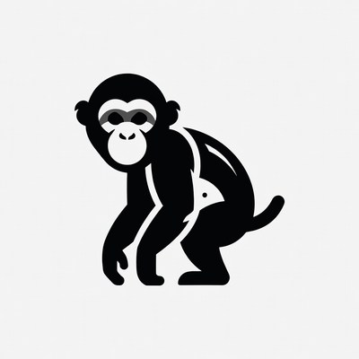 Cartoon Monkey Squatting on White Background