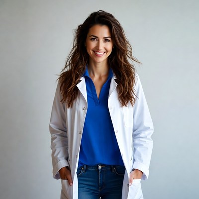 Smiling woman doctor in white lab coat
