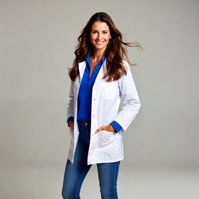 Smiling woman in white lab coat
