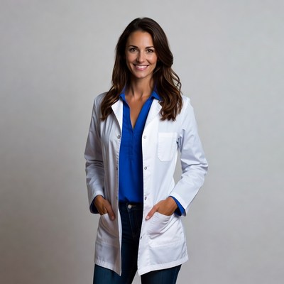 Smiling woman in white lab coat