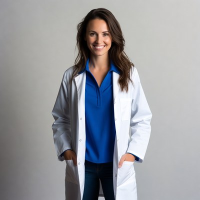 Smiling woman in white lab coat