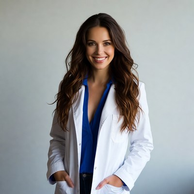 Smiling woman in white lab coat