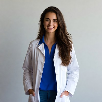 Smiling woman in white lab coat