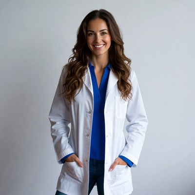 Smiling woman in white lab coat