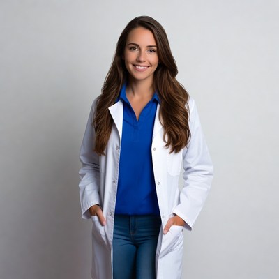 Smiling woman in white lab coat