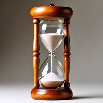 Wooden hourglass with flowing sand