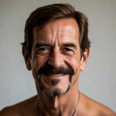 Smiling shirtless man with mustache