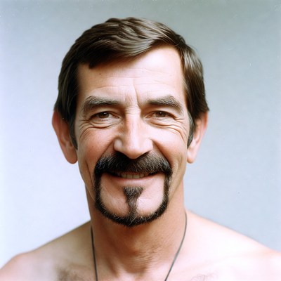 Smiling shirtless man with goatee