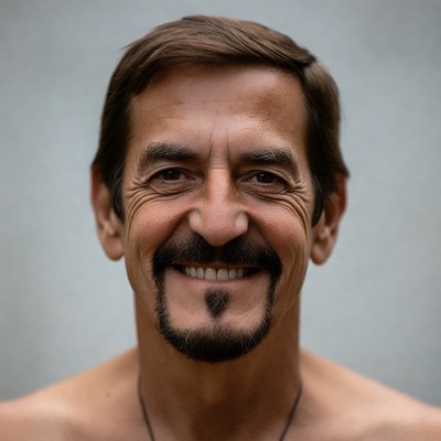 Smiling shirtless man with goatee