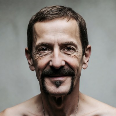 Smiling shirtless man with mustache