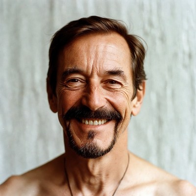 Smiling shirtless man with mustache