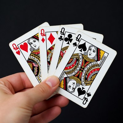 Hand holding four Queen of Hearts cards