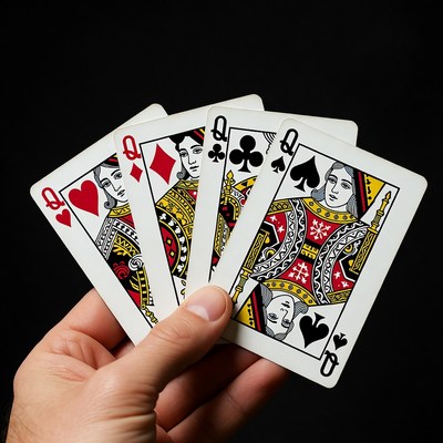 Hand holding four queens playing cards