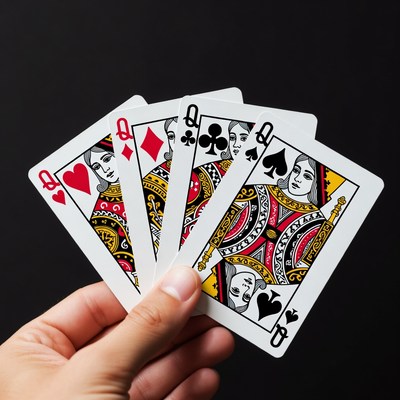 Hand holding four queens playing cards