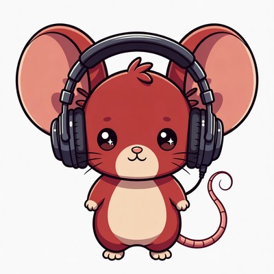 Cute red mouse wearing headphones